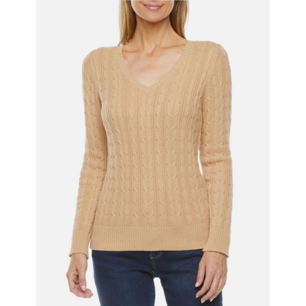 St Johns Bay Womens‎ Sweater Medium V Neck Cable Knit Beige Cotton Blend
